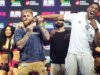 Anthony Joshua agarra la cadena de Jake Paul durante un enfrentamiento cómico