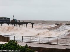 ¿ Fin del espectáculo del muelle? La estructura de Devon es azotada por las olas mientras la nación recibe 150 alertas y advertencias de inundaciones disadvantage alerta meteorológica amarilla vigente hasta el martes