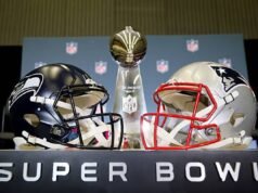 Los fanáticos del Super Bowl 60 aseguran las camisetas de la NFL de los Patriots y los Seahawks antes del inicio
